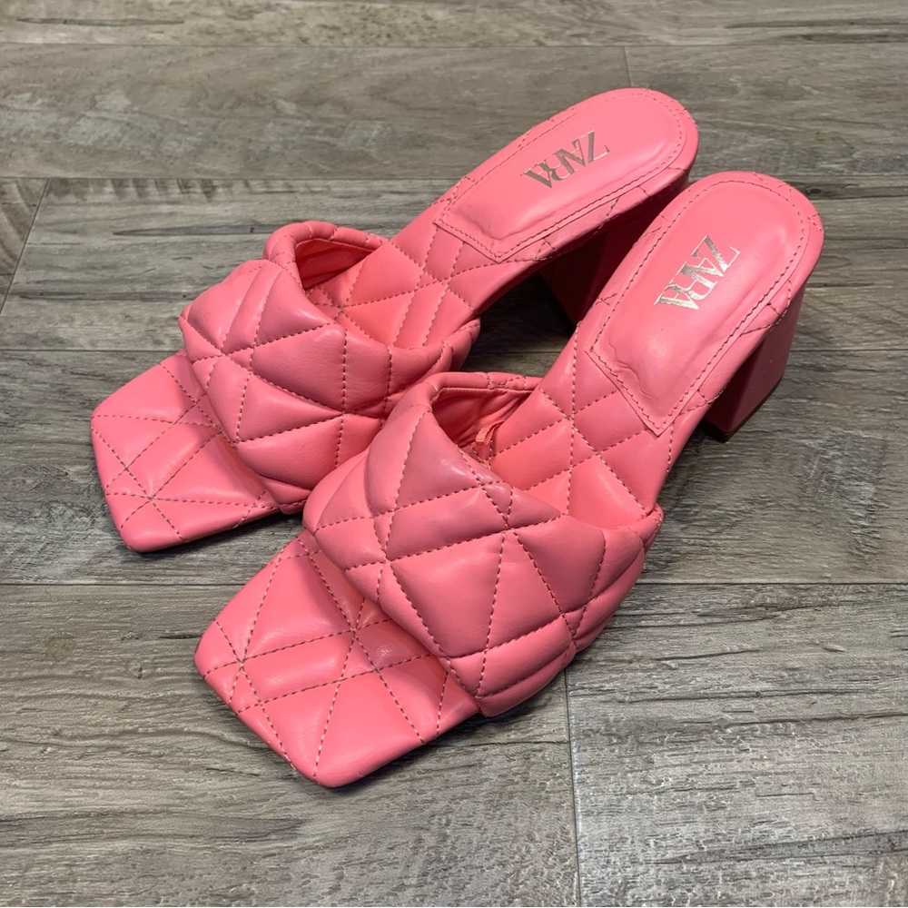 ZARA Quilted Vegan Leather Square Toe Block Heel Mules Shoes - Picture 11 of 11